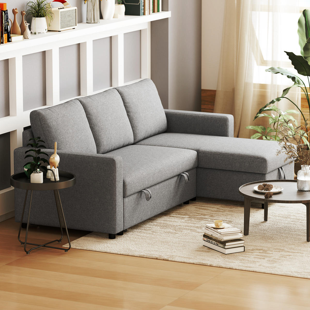 ECKSOFA mit Schlaffunktion Stauraum Eckcouch mit Chaiselongue Schlafsofa L-Form - Hellgrau/Schwarz, Kunststoff/Textil (146/211.5cm) - HOMCOM