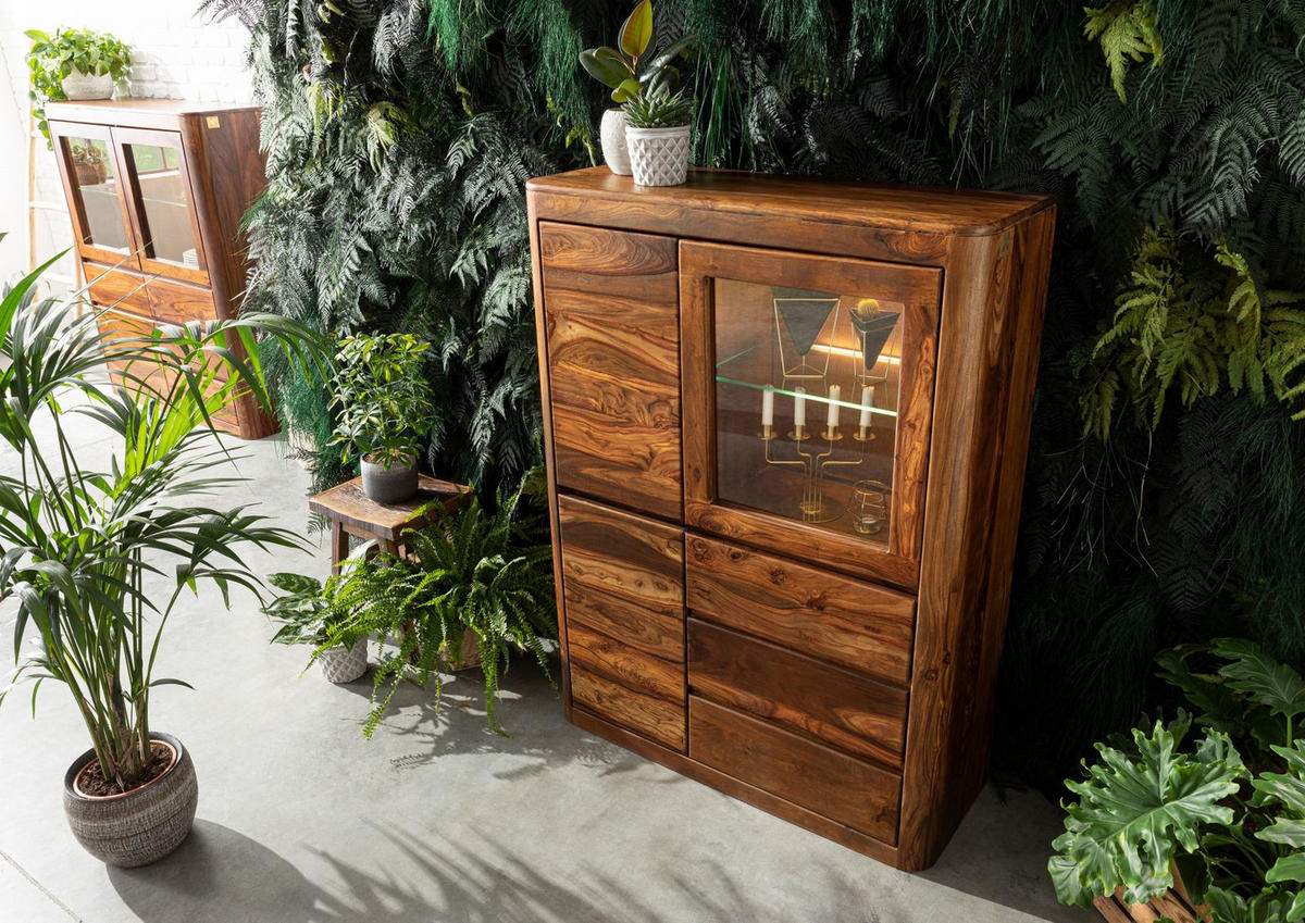 VITRINE Sheesham 109x40x145 walnuss gewachst TORONTO #209 - Walnussfarben, Holz (109/145/40cm) - Massivmoebel24
