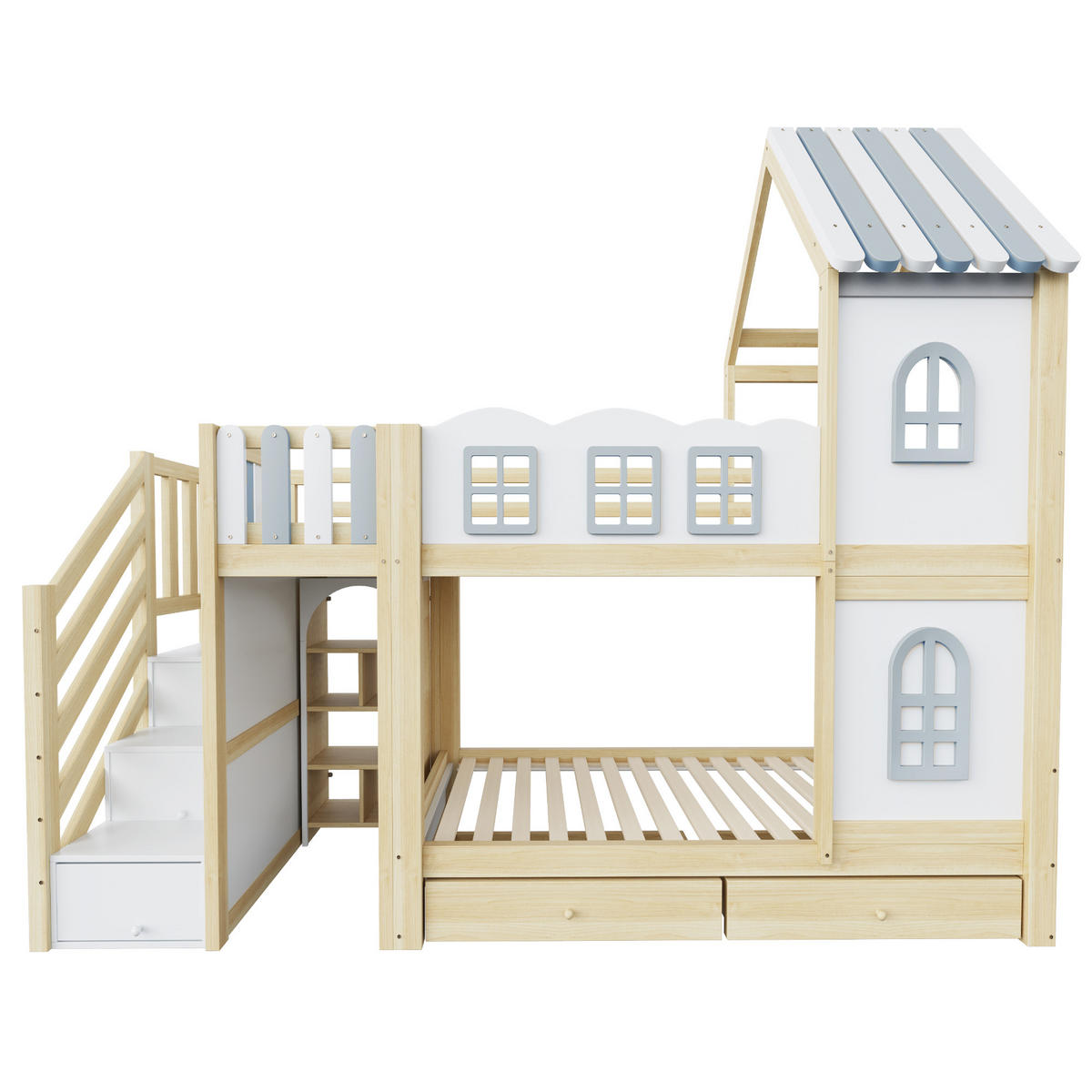 ETAGENBETT 90/200 cm DE-32570 mit Haus-Design und Wolken-Gittern Weiß - Weiß, Holz (90/200cm) - ComfortXL
