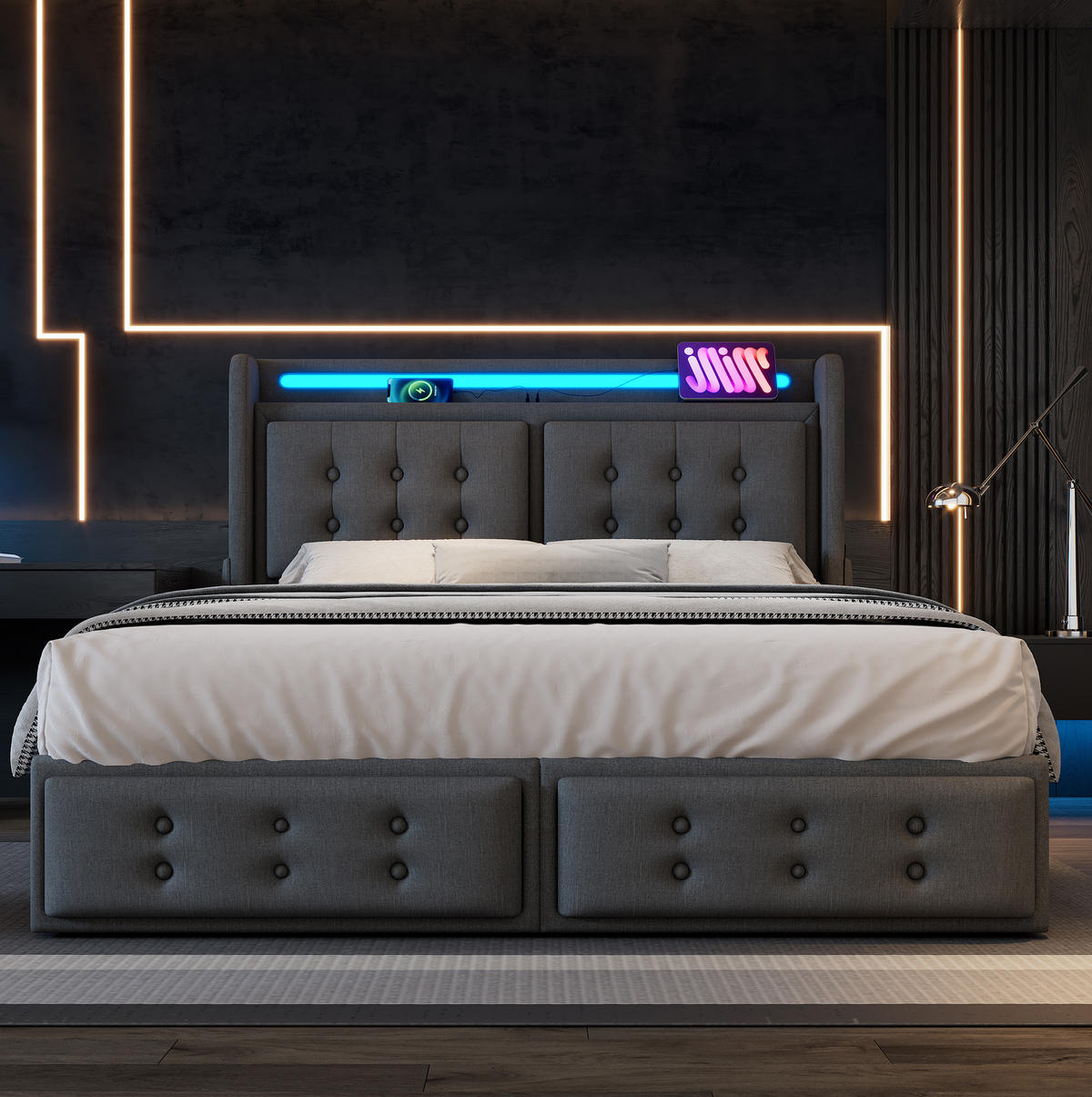 POLSTERBETT mit LED, USB-C und 4 Schubladen 180x200 cm Grau - Grau, Metall (180/200cm) - Meubliv