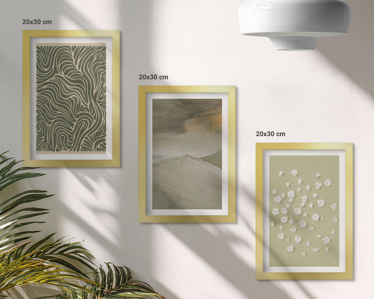 WANDBILDER 3er Set - 20x30 cm Goldrahmen - Abstrakte florale Wellenmuster - Goldfarben, Kunststoff (20/30cm) - ArtPrintCave