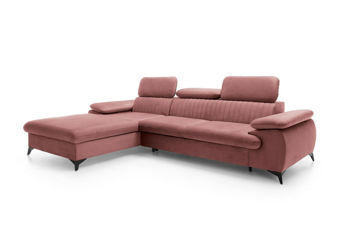 ECKSOFA FIORE Rosa Velours-Stoff mit Schlaffunktion - Rosa, Holz (280/193cm) - MASSENO
