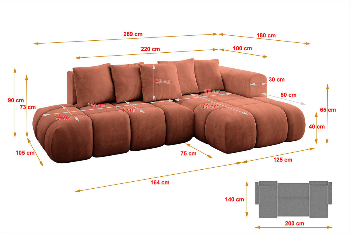 ECKSOFA Ottomane Rechts CLOUD-L-v1 289x180x40 Apricot Velours - Koralle, Holzwerkstoff/Kunststoff (289/180cm) - ALTDECOR