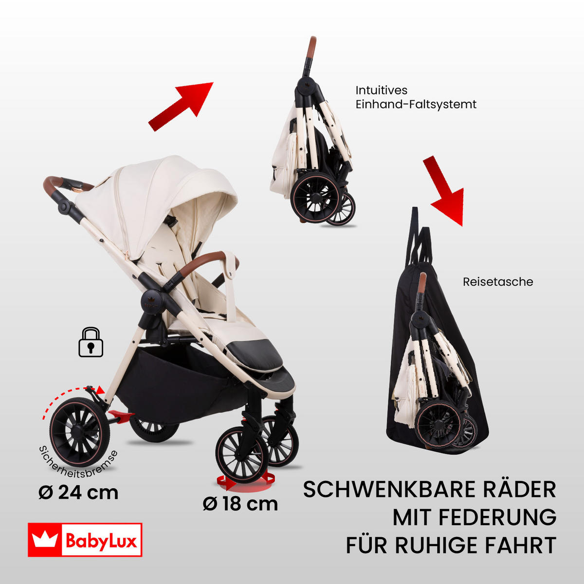 BUGGY Rombo, Klein und Leicht, Teleskopische Führung, Kompakt Faltbar, Wickeltasche, Reisetasche - Schwarz/Weiß, Textil/Metall (58/98cm) - BabyLux