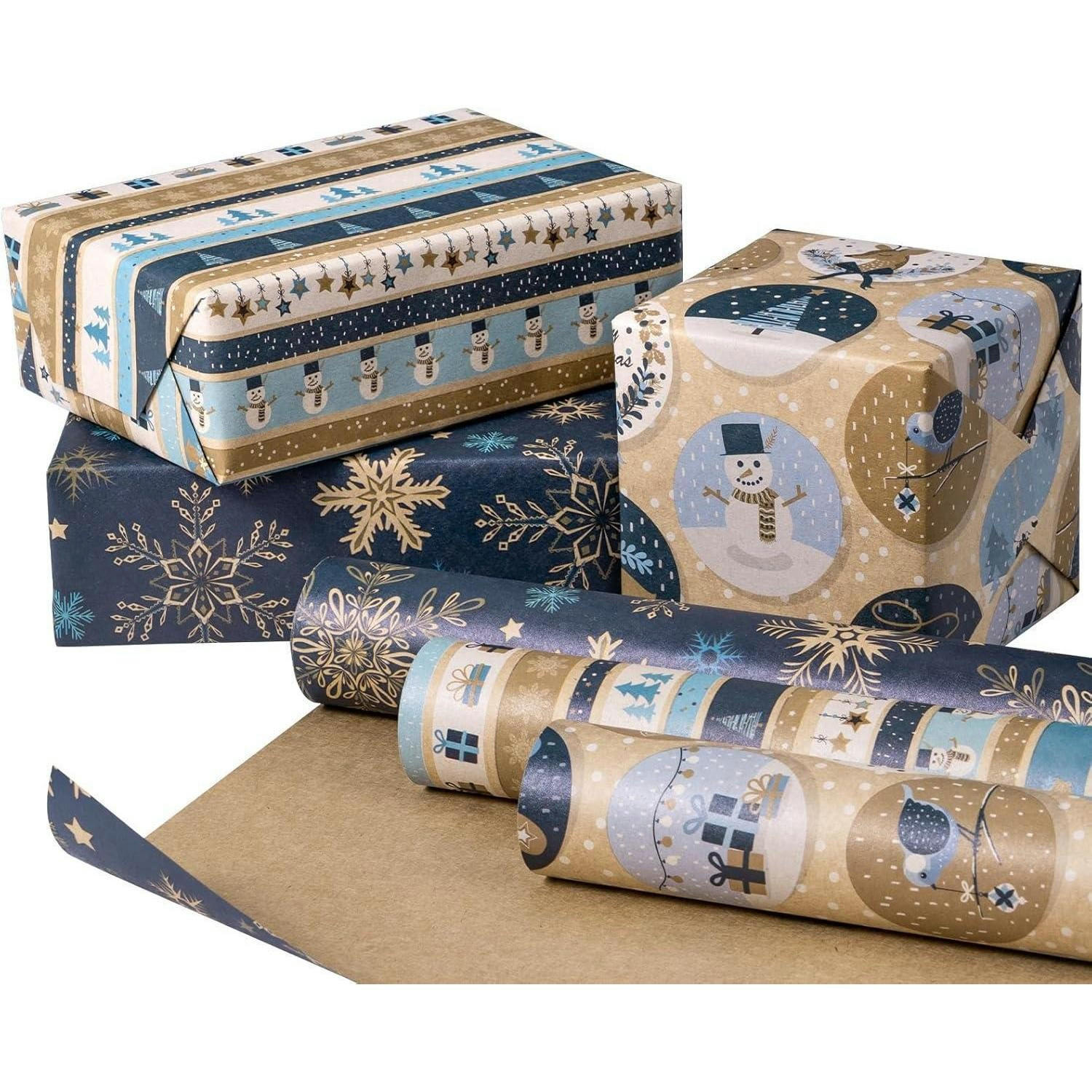 GESCHENKPAPIER 3 Rollen Set Kraftpapier Blau/Weiß 43,2 cm x 3 m - Multicolor, Papier (4/44/10cm)