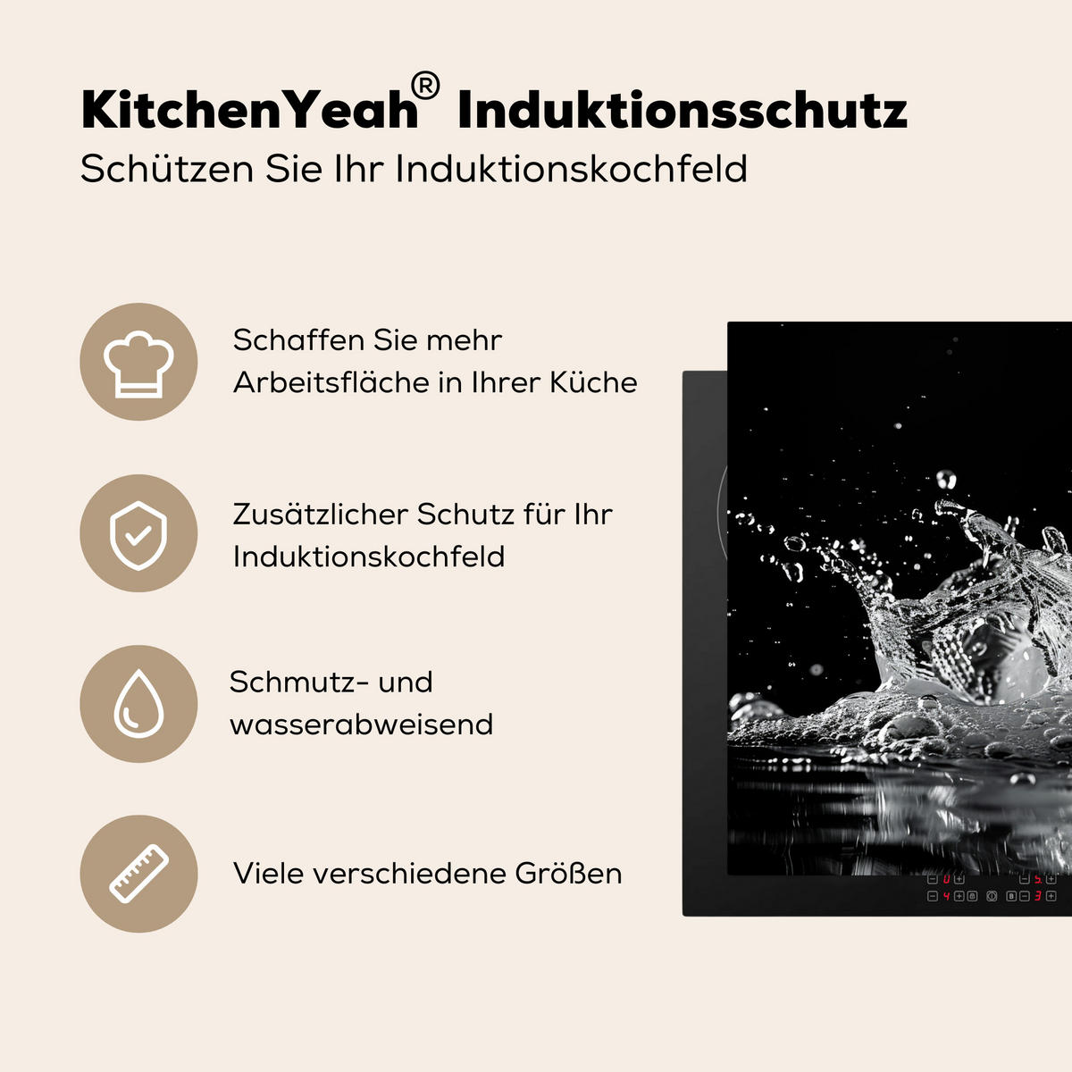 HERDABDECKPLATTE Wasser - Spritzwasser - Schwarz Herdabdeckung Induktionsfeld 70x52 cm - Schwarz, Kunststoff (70/52/0.2cm) - MuchoWow