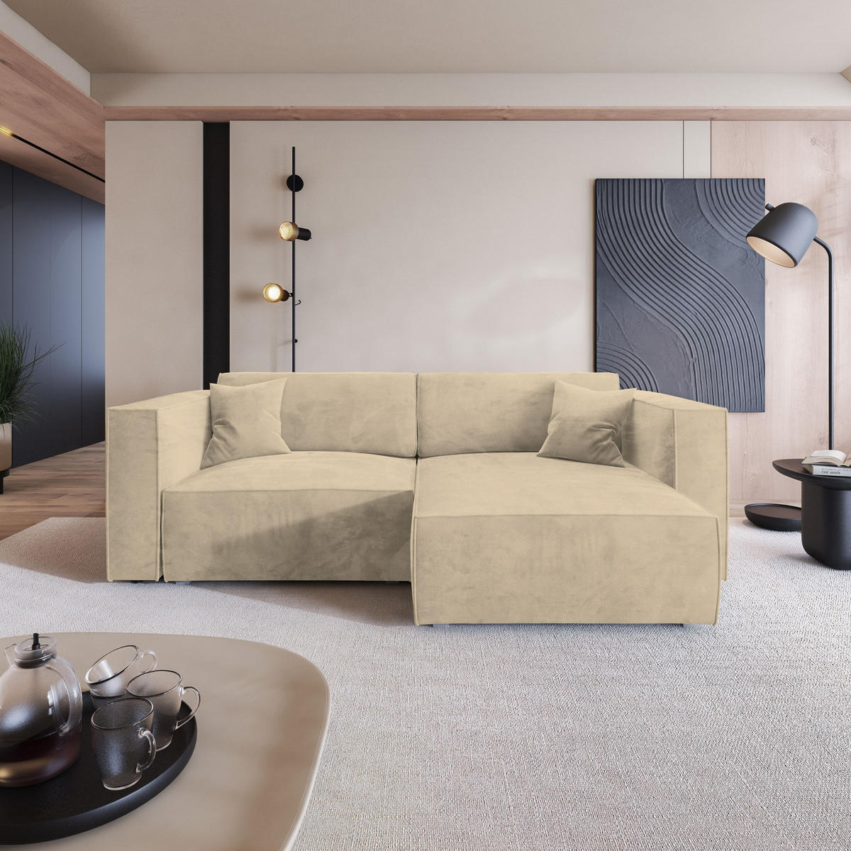 ROHOVÁ SEDAČKA NERIO krémová - šedá/krémová, dřevo/textil (245/148cm) - MASSENO