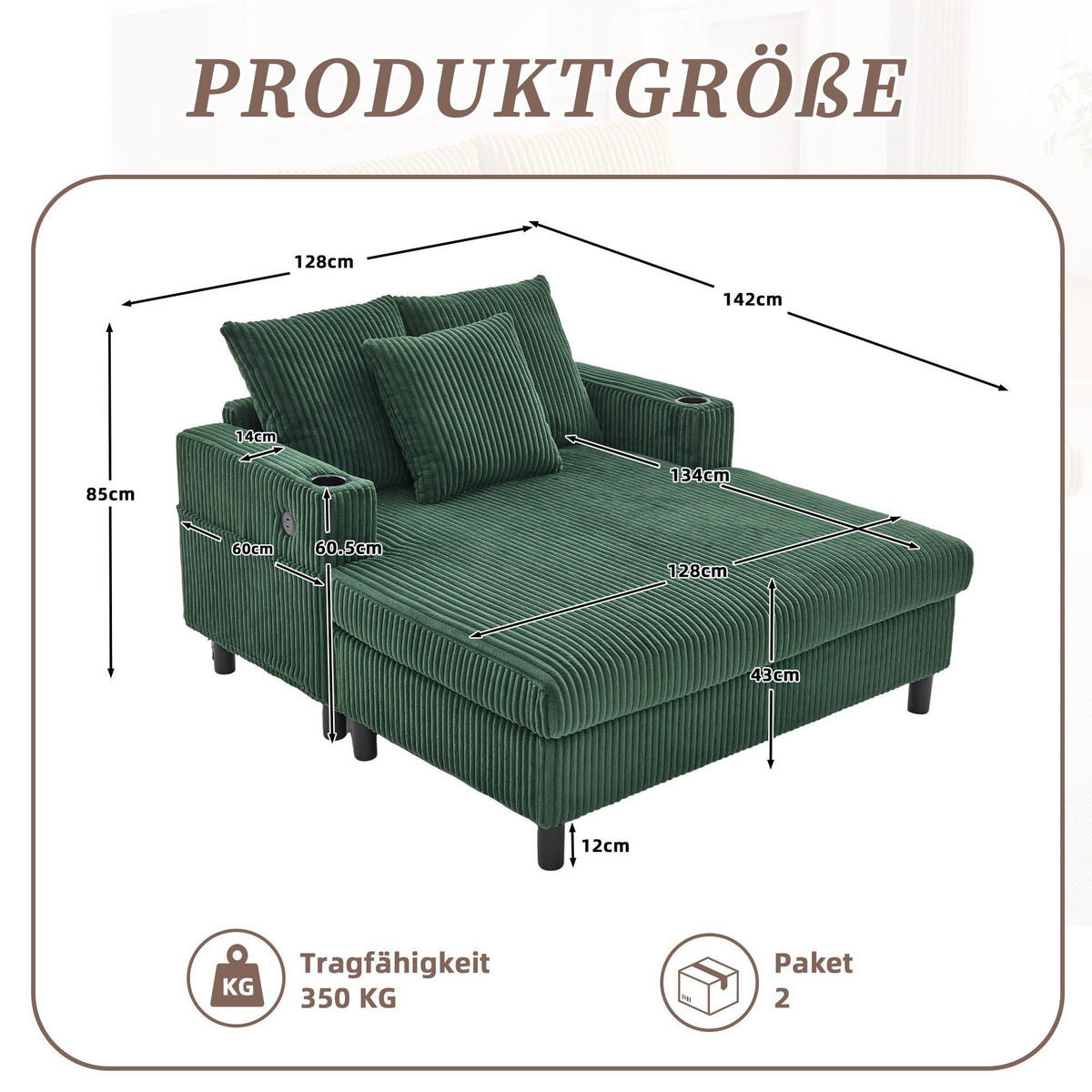 RELAXLIEGE XXL Polsterliege,Relaxsessel,3 Zierkissen,Cord,Grün - Grün, Textil (128/85/142cm) - LVHOM