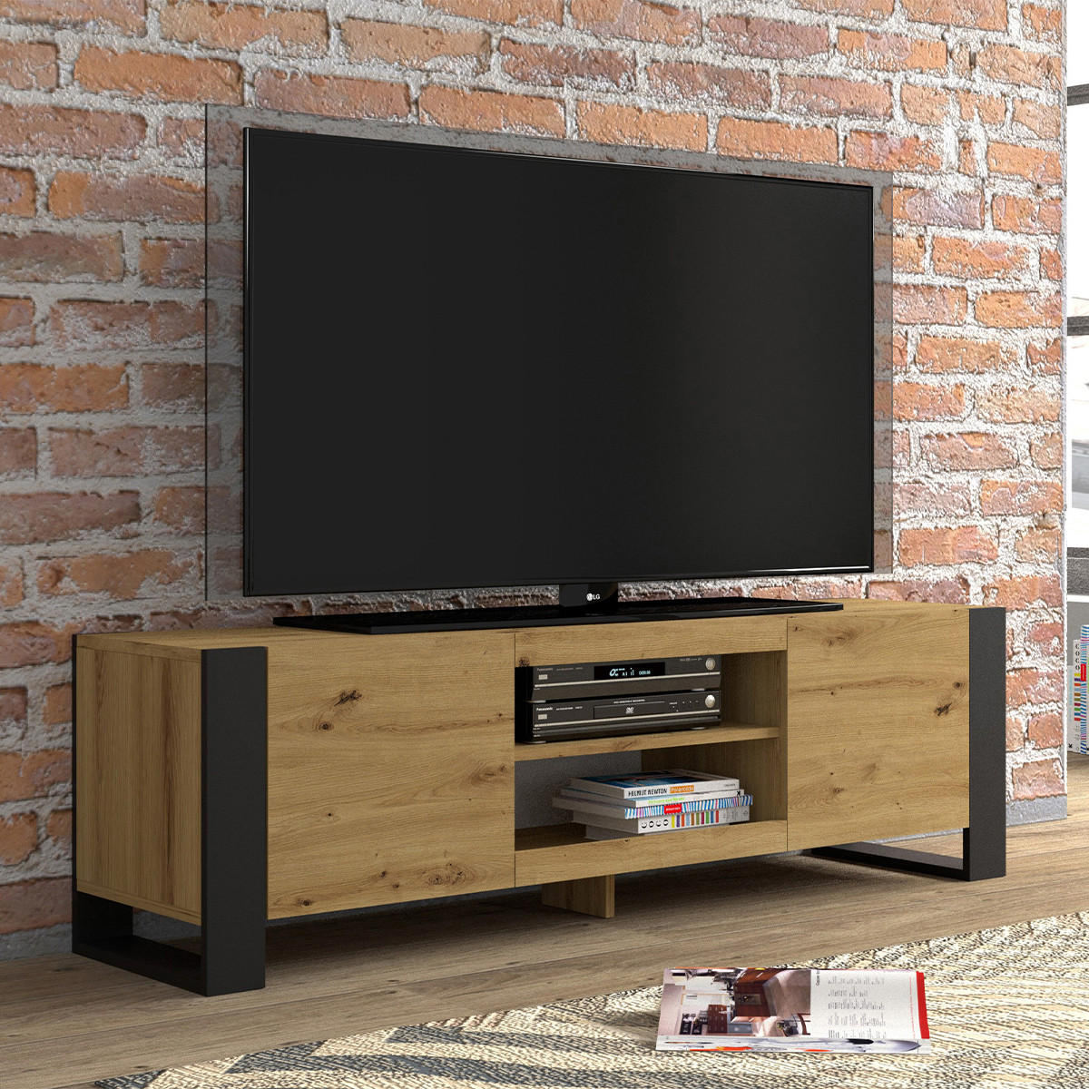 TV-MÖBEL Gani Holz und Mattschwarz - Schwarz, Holzwerkstoff (158/47/40cm) - Petits-meubles