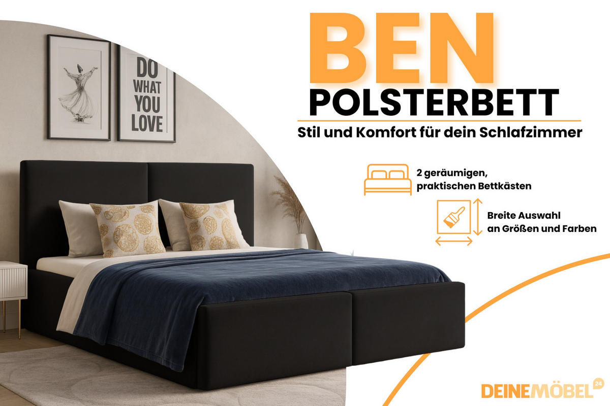 POLSTERBETT BEN 180/200 in Velours Schwarz - Schwarz, Holz/Holzwerkstoff (180/200cm) - Deine Möbel 24