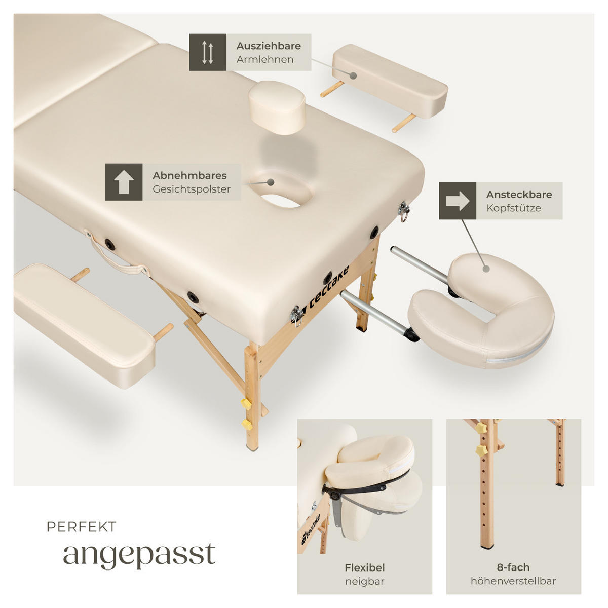 MASSAGELIEGE 2 Zonen, 220 x 83 x 87,5 cm,beige - Beige, Holz (59/65.5/187cm) - tectake
