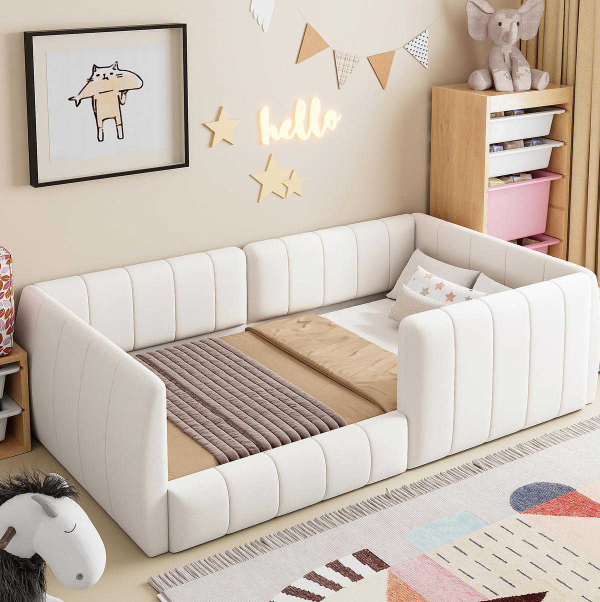 POLSTERBETT 90/200 cm aus MDF und Leinenstoff mit Sicherheitsgeländer und gepolstertem Kopfteil, Beige - Beige, Holzwerkstoff (90/200cm) - Redom
