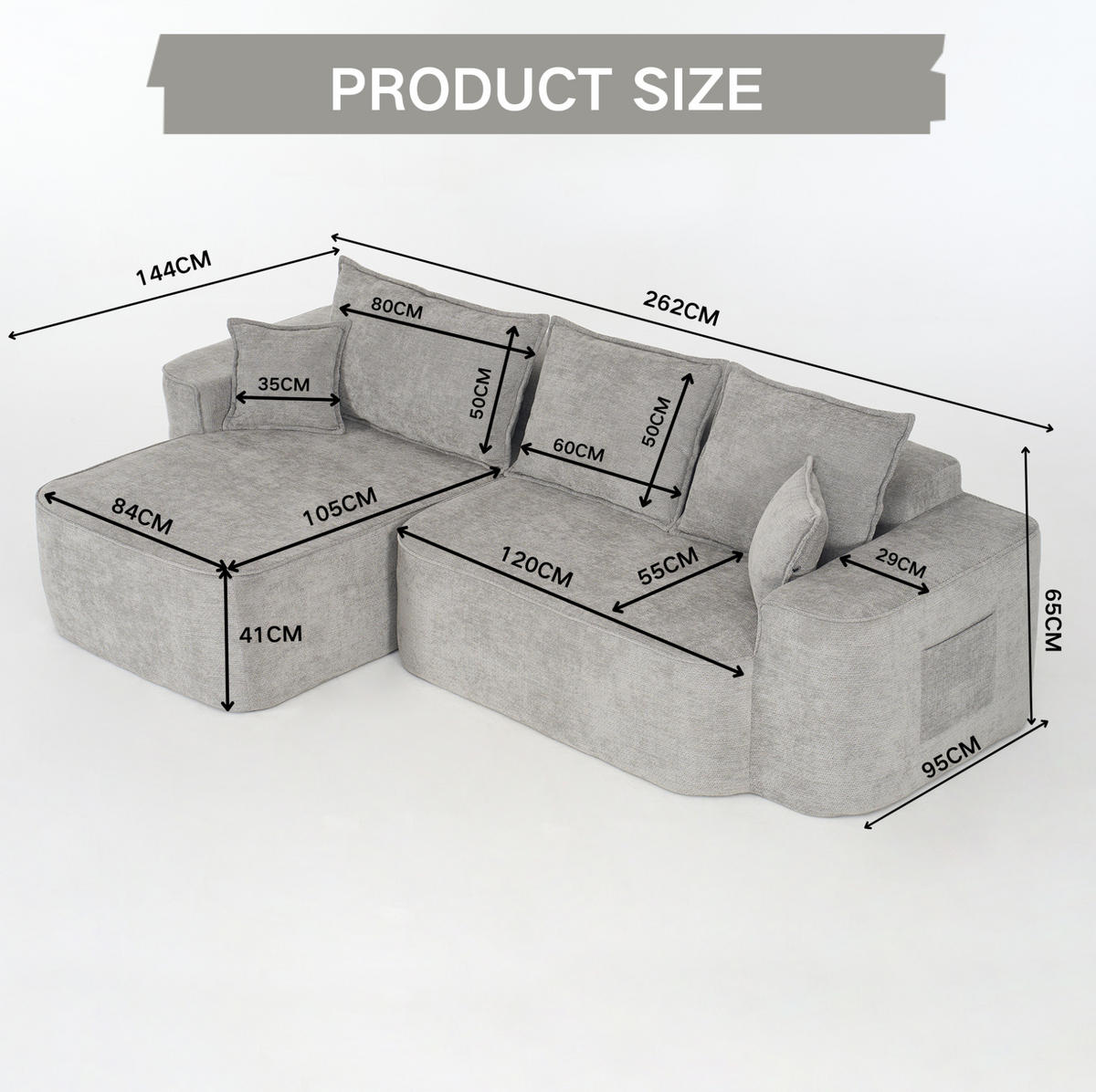 ECKSOFA aus Chenille in Grau mit modularem Design - Grau, Textil (144/65/262cm) - Modfu