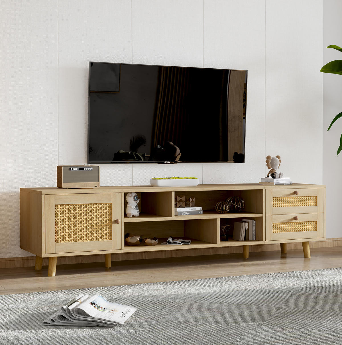 LOWBOARD 160/39/40.5 cm eichefarben aus Spanplatte mit Rattanfronten und Kabelführung - Naturfarben, Holzwerkstoff (39/40.5/160cm) - OKMYHOME