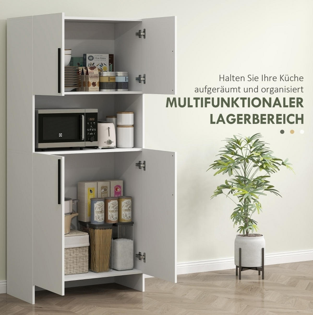 BUFFET 79/40/175 cm in Weiß mit 2 Schränken und Mikrowellenablage - Weiß, Holz (79/175/40cm) - Flora Grace