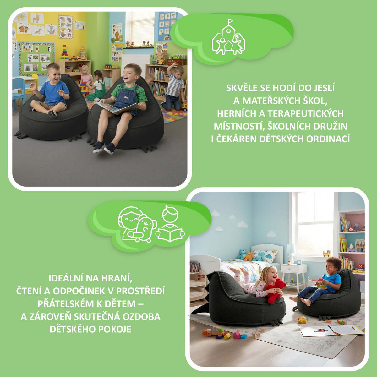SITZSACK FÜR KINDER Dino 75/75/55 cm, weicher Bouclé 315 g/m², abnehmbarer Bezug, Steel Grey - Dunkelgrau, Textil (75/55/75cm) - Dreamroots