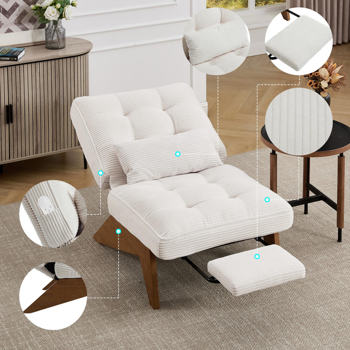 SCHAUKELSTUHL Beige Cord mit Fußstütze, Lendenkissen und Holzbeinen - Beige, Textil (73/90/127cm) - Oxeza