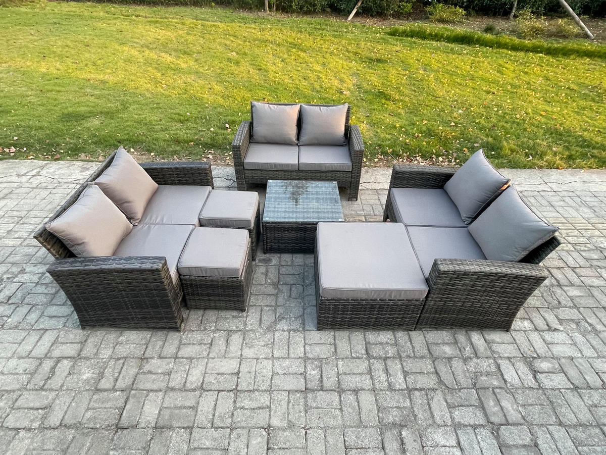 GARTENSOFA Hohe Rückenlehne Polyrattan Dunkelgrau 9-Sitzer - Dunkelgrau, Metall - Fimous