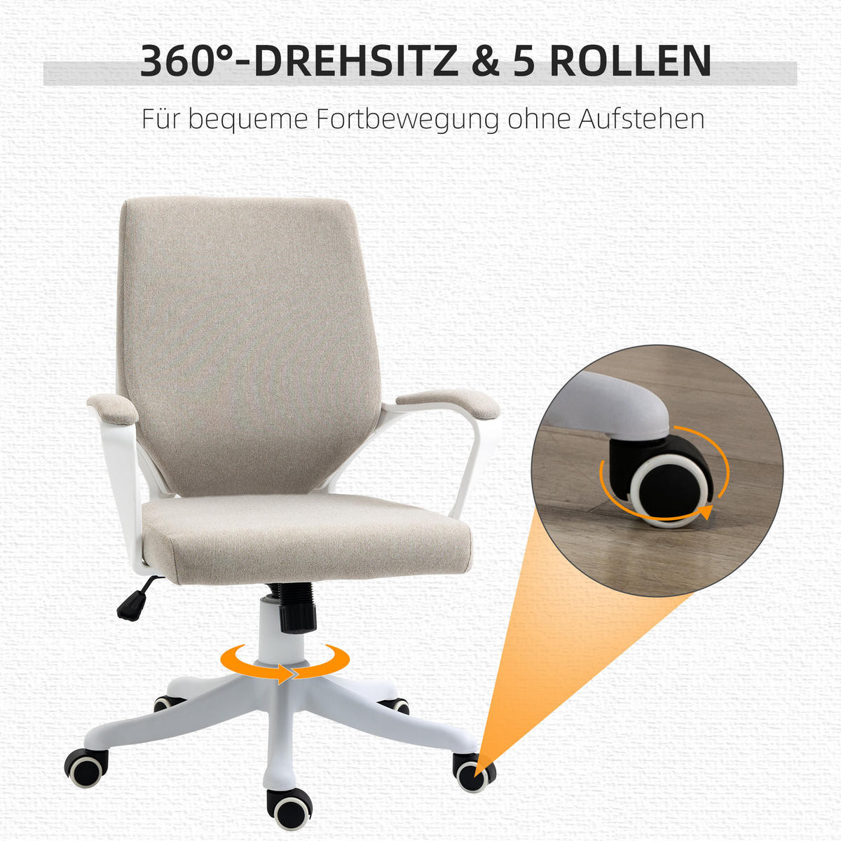 BÜROSTUHL Drehstuhl höhenverstellbarer dick gepolstert Polyester Beige+Weiß - Sandfarben, Kunststoff (69/100/62cm) - Vinsetto