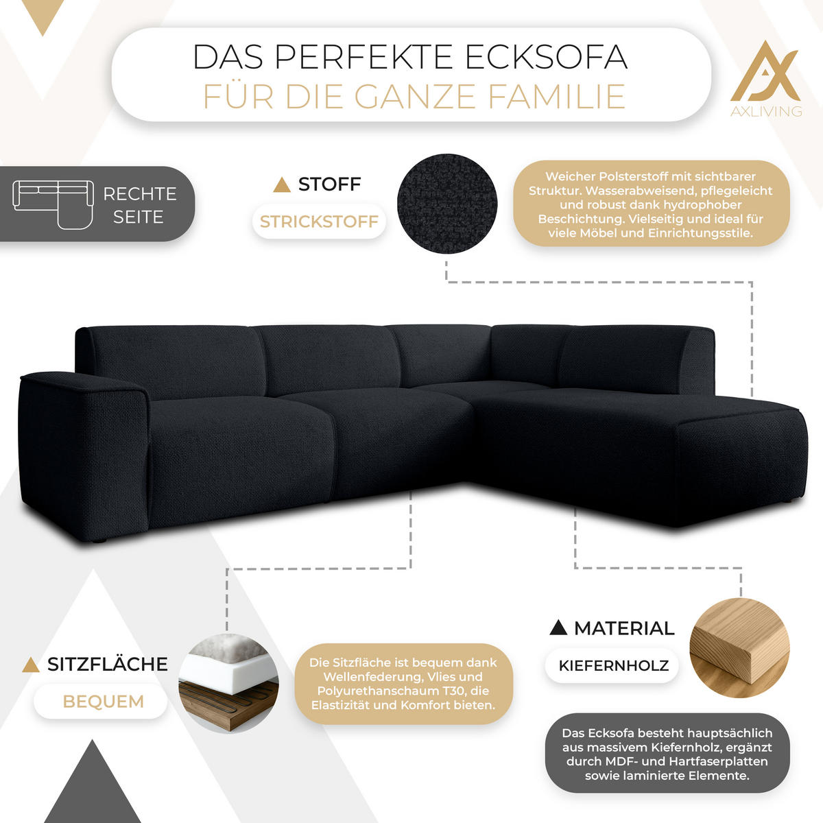 ECKSOFA L Form Didim Schwarz 292/220/78 cm – großes Sofa stilvoll & bequem R - Schwarz, Kunststoff/Textil (292/220cm) - AX Living