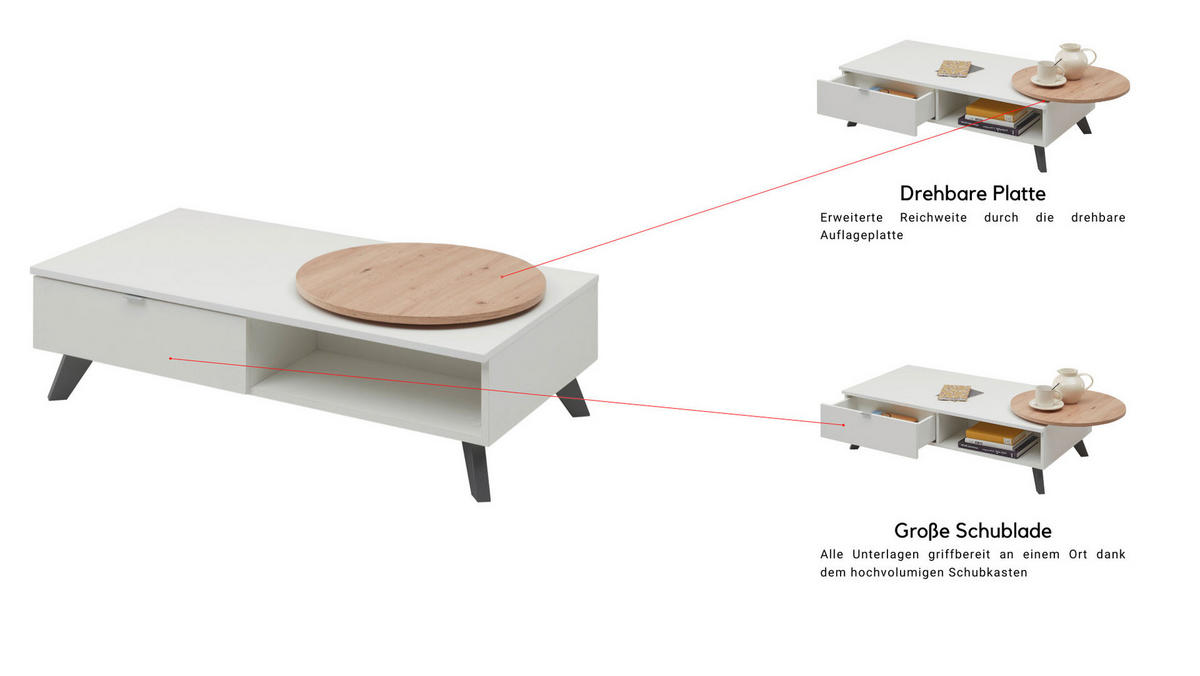 COUCHTISCH LIAM 110/34/60 cm mit Schublade und drehbarer Oberplatte - Weiß, Holzwerkstoff/Kunststoff (60/110/40cm) - Aileenstore