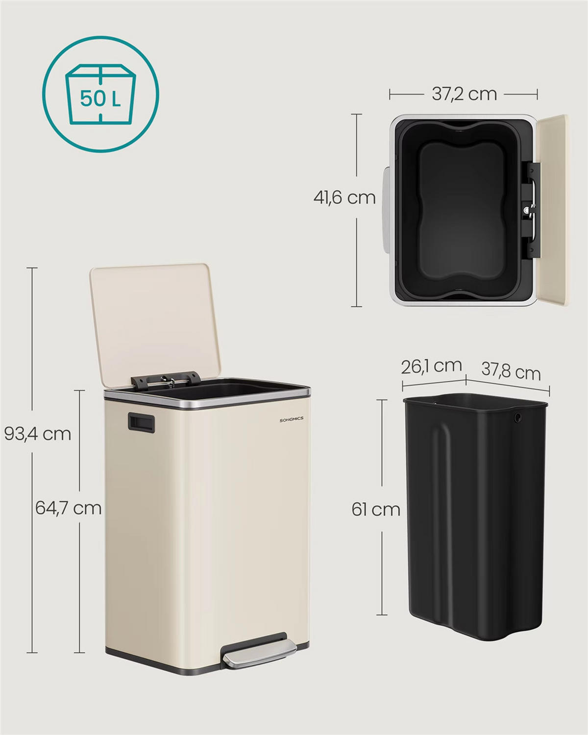 ABFALLSAMMLER 50 L Stahl Softclose Deckel Mülleimer - Beige, Metall (41.6/64.7/37.2cm) - Kaket