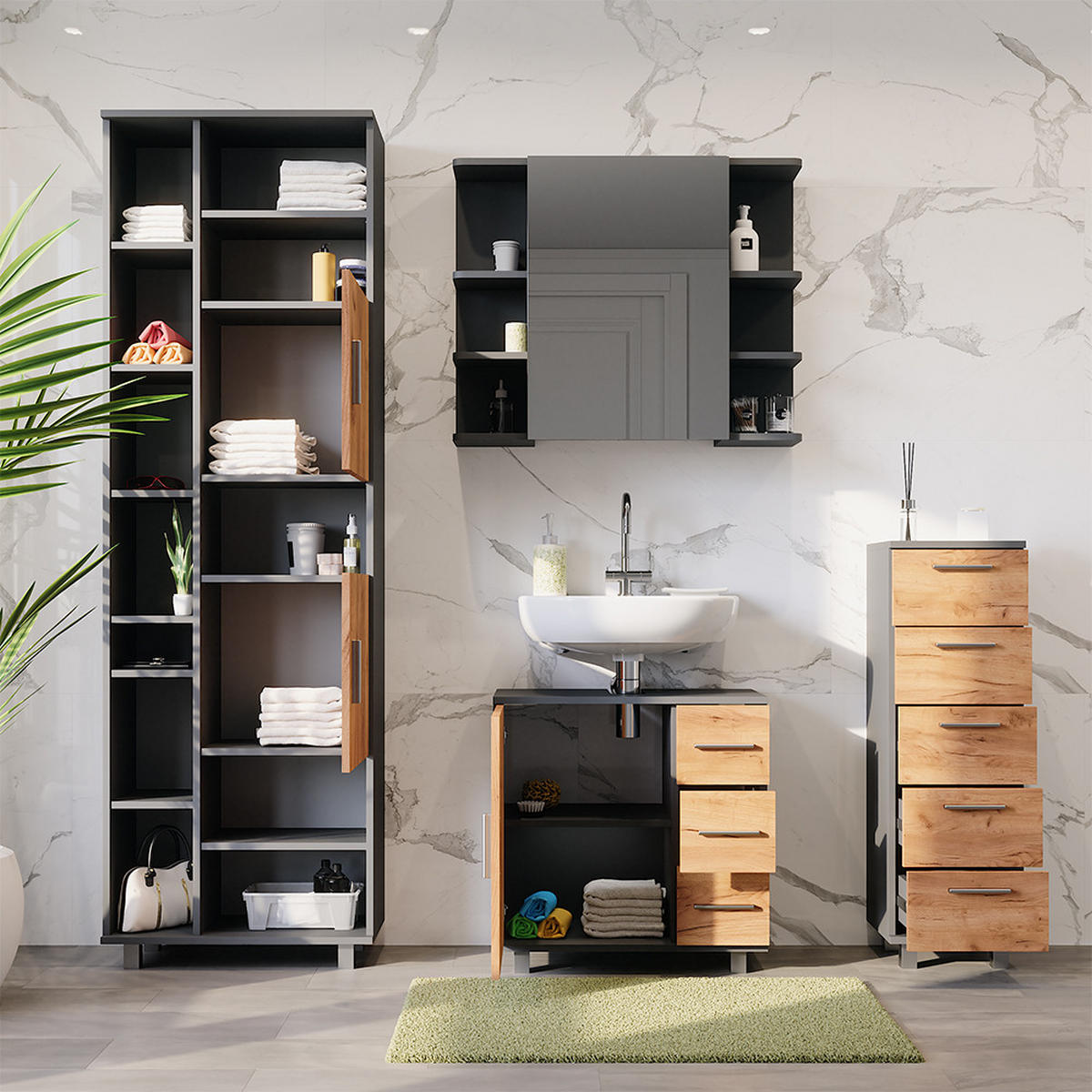 BADMÖBEL-SET Ilias Anthrazit/Goldkraft Eiche 4 Teile, mit Hochschrank und Midischrank - Honigeiche/Anthrazit, Holzwerkstoff (60.2/60.8/33cm) - Vicco