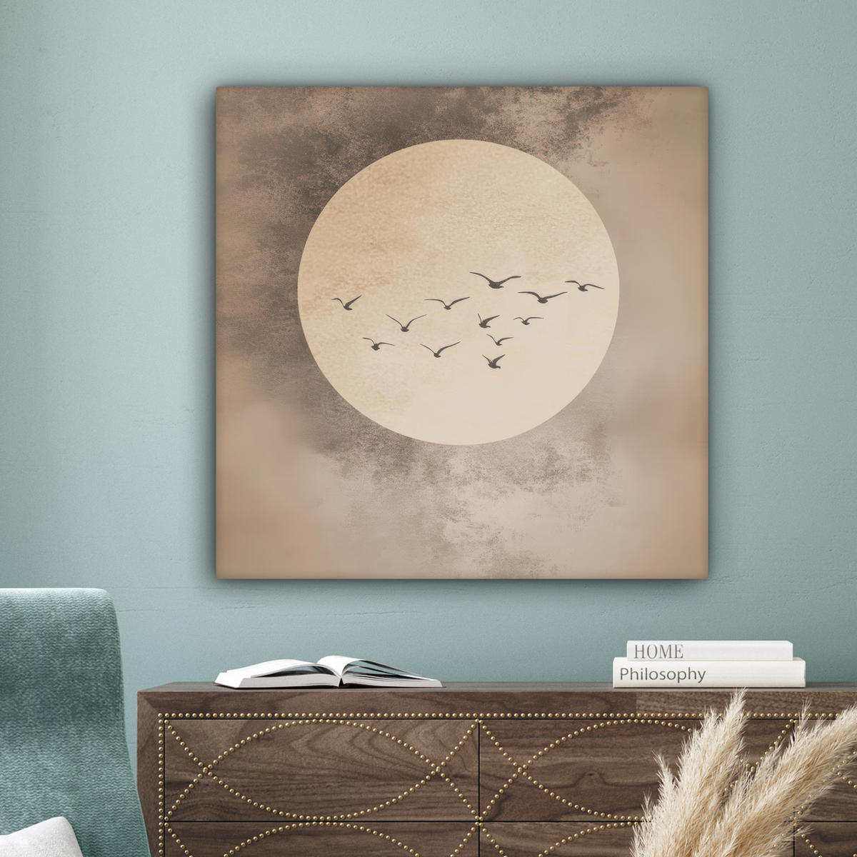 LEINWANDBILD Vogel - Beige - Japanisch 90x90 cm - Taupe, Textil (90/90cm) - MuchoWow