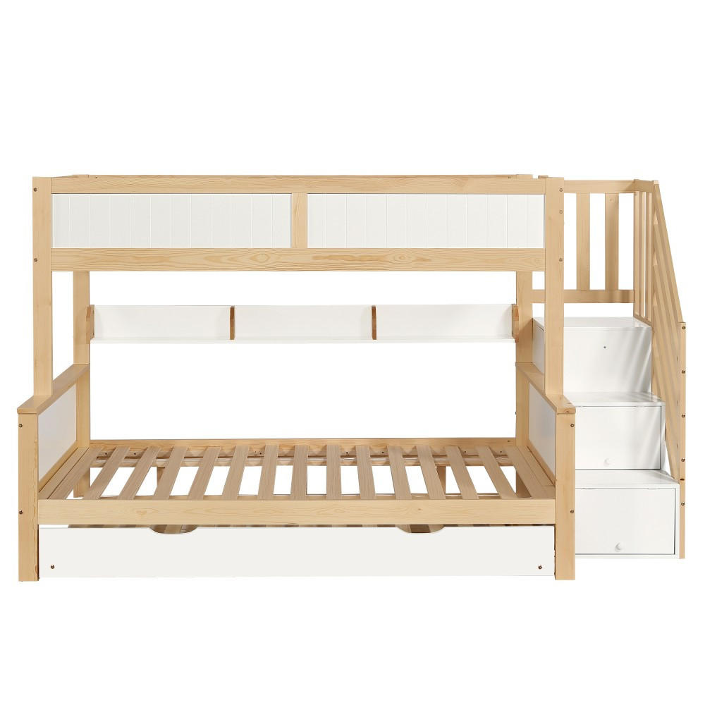 ETAGENBETT 90x200&120x200cm in Weiß+Natur mit Rollbett - Walnussfarben, Holz (90/200cm) - KOMHTOM