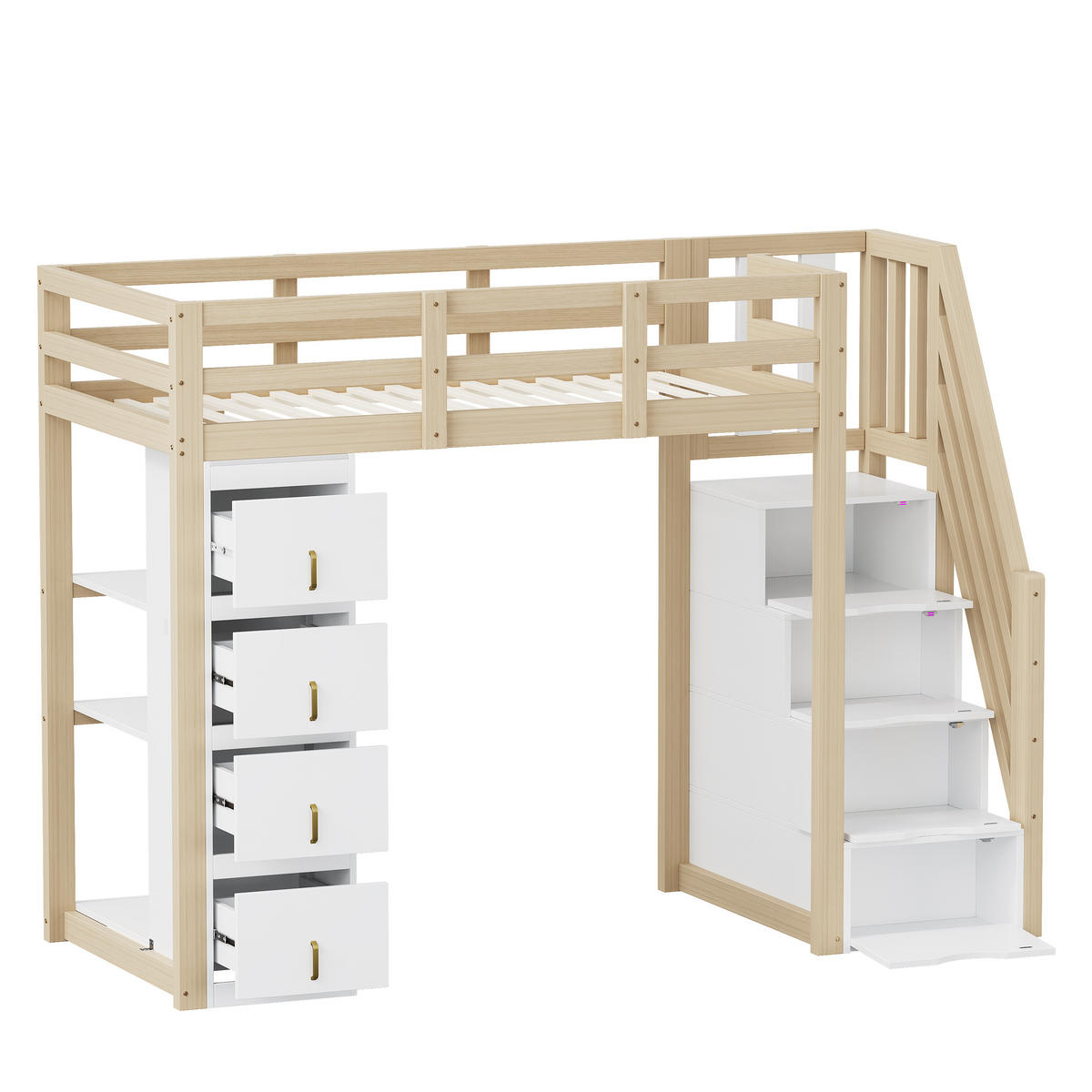 HOCHBETT 90/200 cm aus Massivholz mit Stauraumschubladen und Regal - Weiß, Holz (90/200cm) - OKWISH