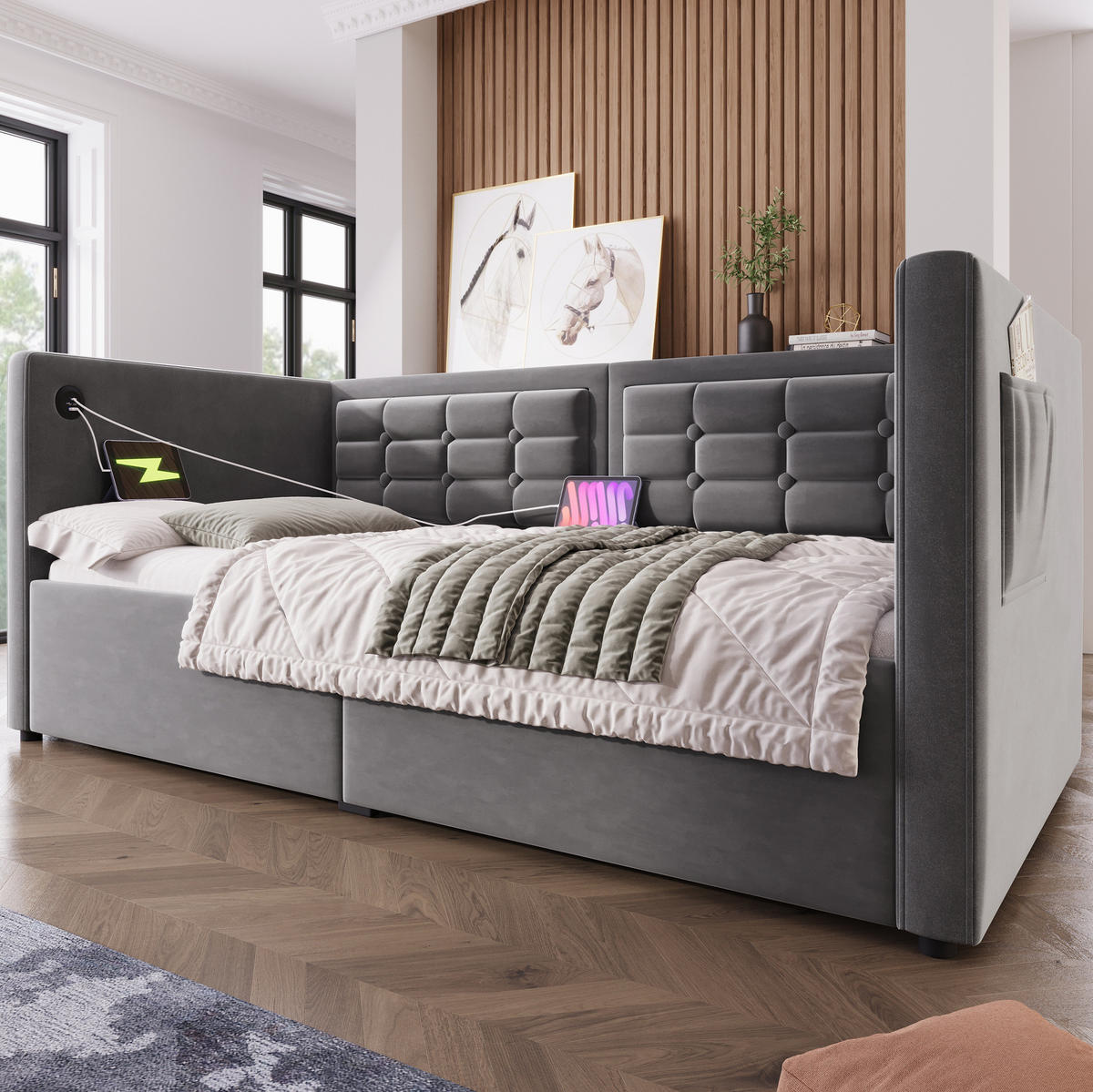 POLNJENA postelja iz žameta 90x190 cm siva z USB in Type-C polnilno postajo, hidravličnim predalom in stranskimi žepki - siva, tekstil (90/200cm) - Modfu