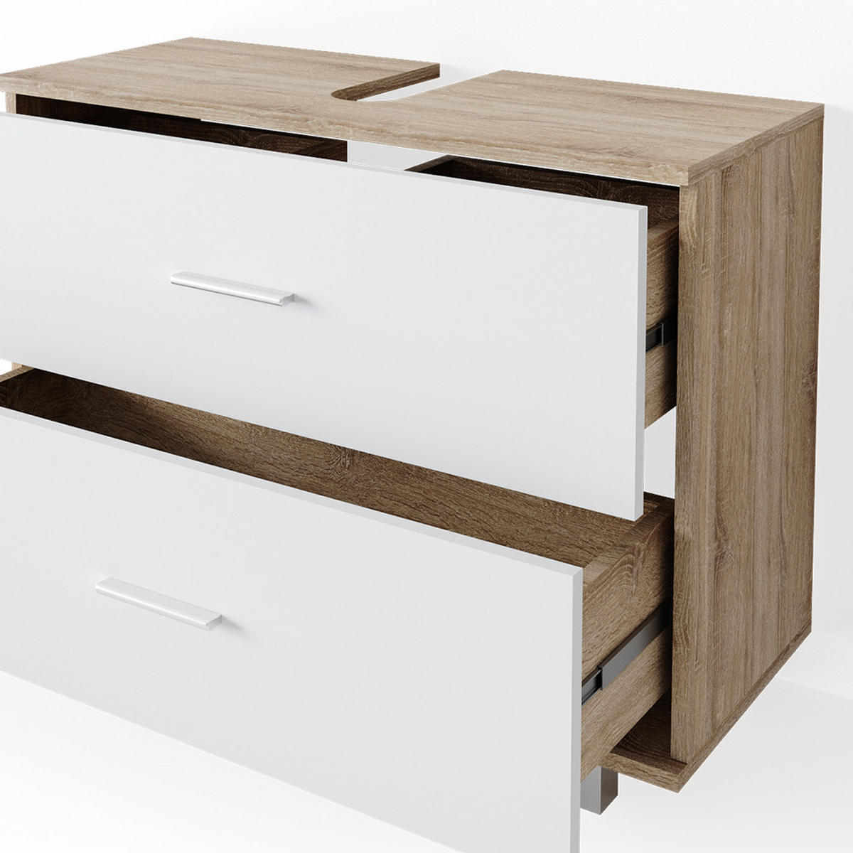 BADMÖBEL-SET Ilias Weiß/Sonoma 4 Teile, mit Hochschrank - Weiß/Sonoma Eiche, Holzwerkstoff (80.2/60.8/33cm) - Vicco