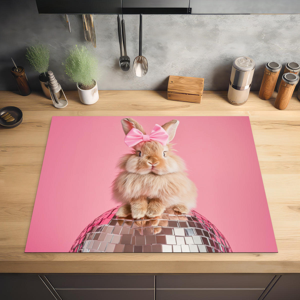 HERDABDECKPLATTE Schleife - Discoball - Kaninchen Induktionsmatte 77x59 cm - Pink, Kunststoff (77/59/0.2cm) - MuchoWow