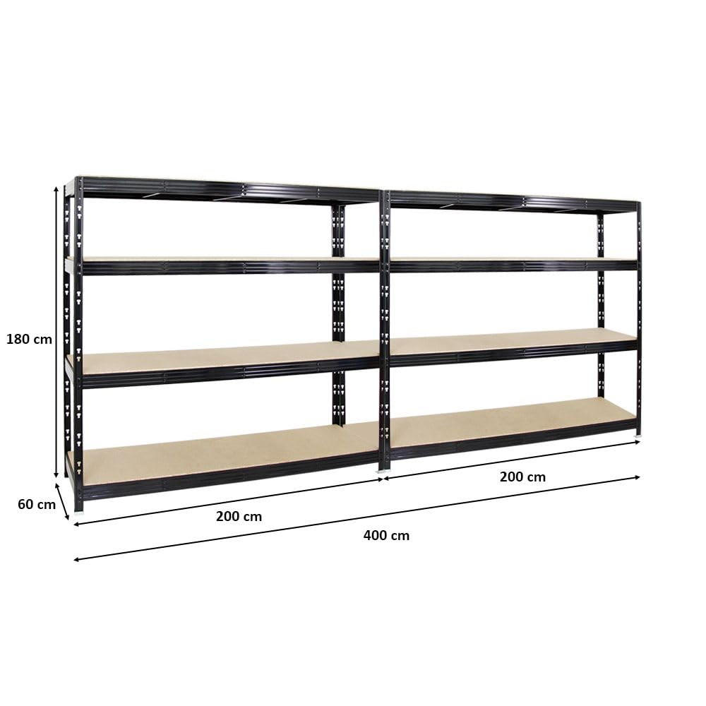 SCHWERLASTREGAL Rhino 2er-Set mit 2x 180x200x60 cm 4 Spanplatten-Ebenen 8mm Fachlast 500 kg Schwarz - Schwarz, Metall (400/180/60cm) - PROREGAL