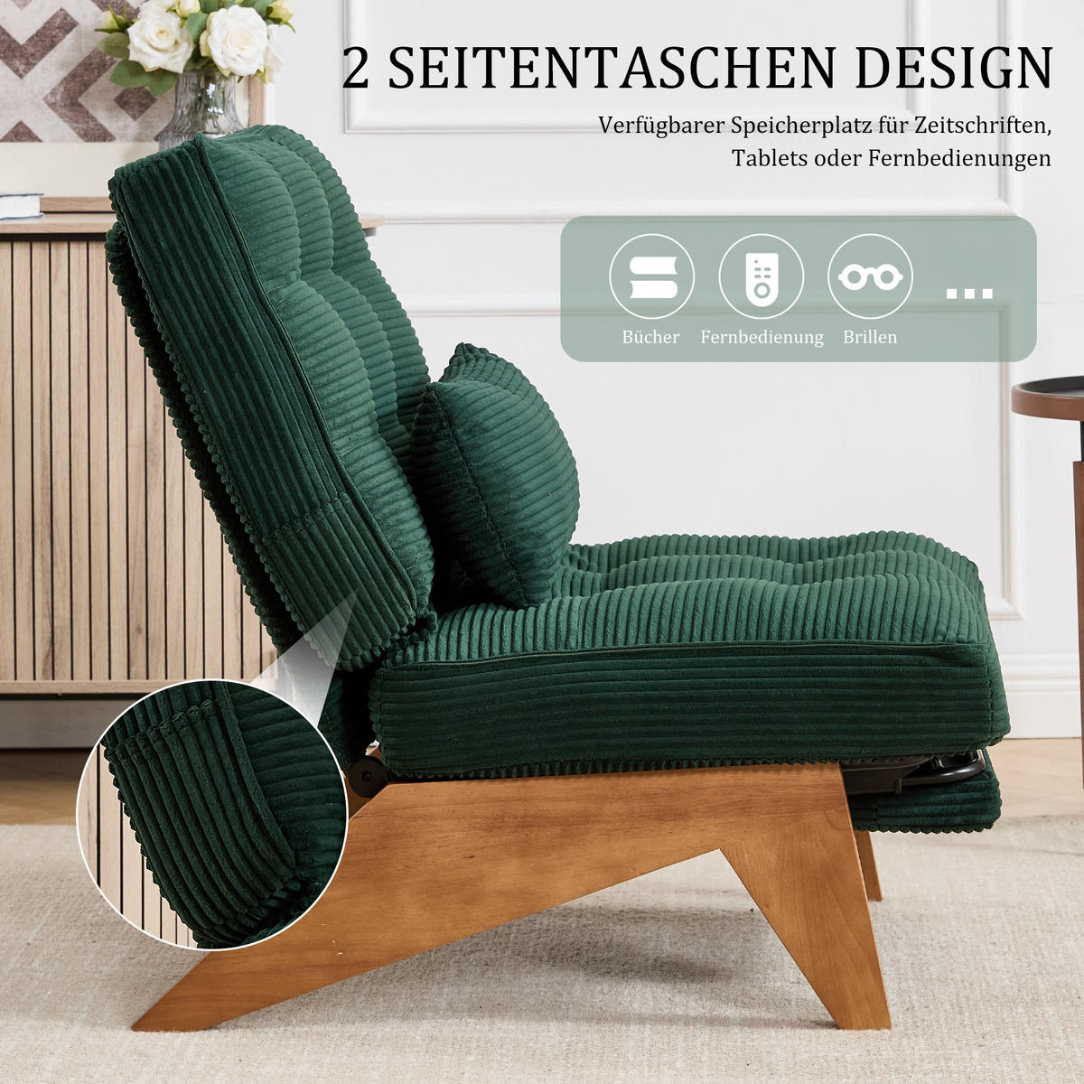 SCHAUKELSTUHL Smaragd Cord mit Fußstütze, Lendenkissen und Holzbeinen - Smaragdgrün, Textil (73/90/127cm) - Oxeza
