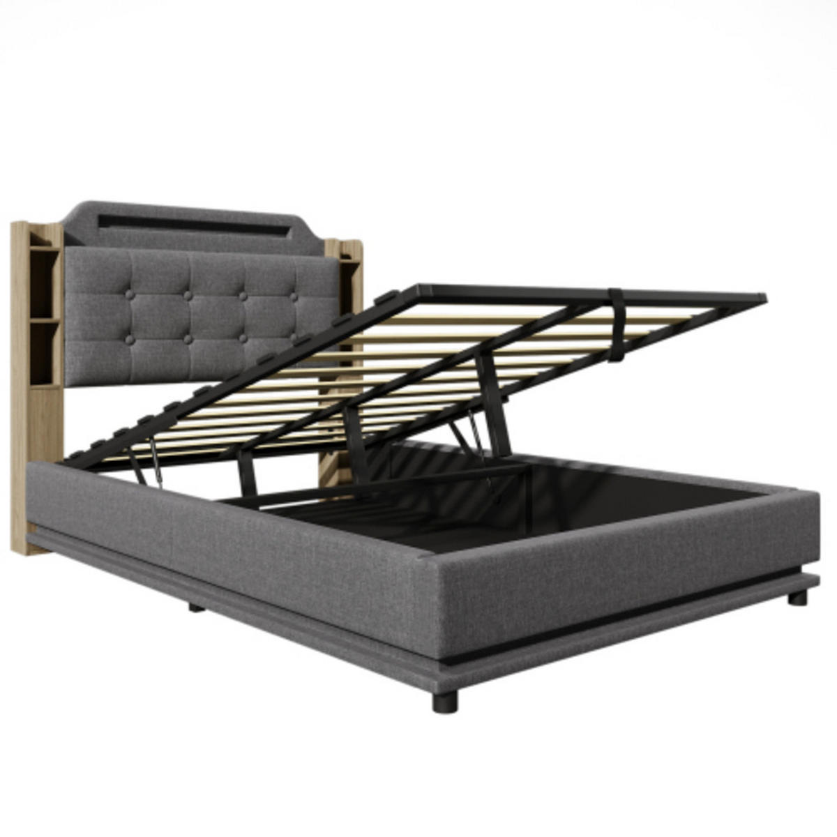 POLSTERBETT 140 × 200 cm mit Leinenbezug, LED-Lichtleisten, Hydraulikstauraum und USB-C Schnellladestation, grau - Grau, Textil (140/200cm) - Luhomfu