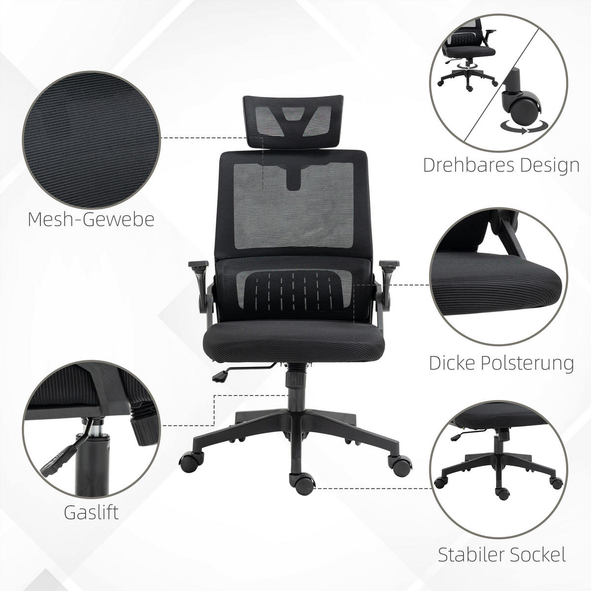 BÜROSTUHL, Ergonomisch, Mesh, Schwarz - Schwarz, Textil (61/119/60cm) - Vinsetto