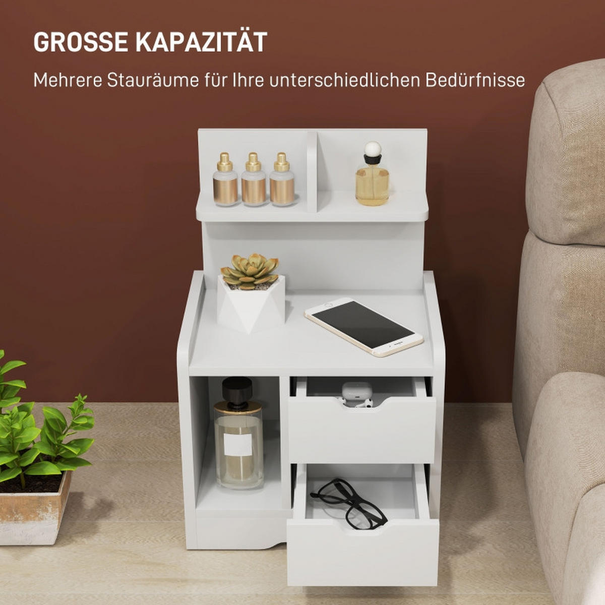 NACHTTISCH 40/30/60 cm weiß aus Holzwerkstoff mit 2 Schubladen - Weiß, Holz (30/60/40cm) - OKWISH