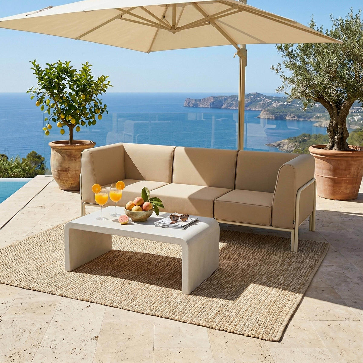 GARTENSOFA mit 3 Sitzplätzen, Beige - Beige, Textil (80/78/216cm) - Oviala