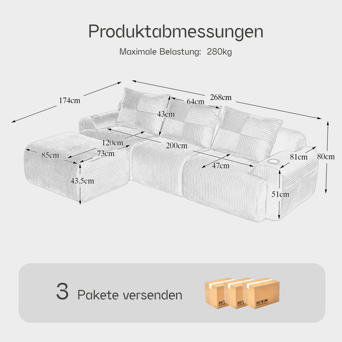 SOFA 268/174/80 cm in Hellgrau mit Cupholder und Aufbewahrungstasche - Hellgrau, Textil (174/80/268cm) - Flora Grace