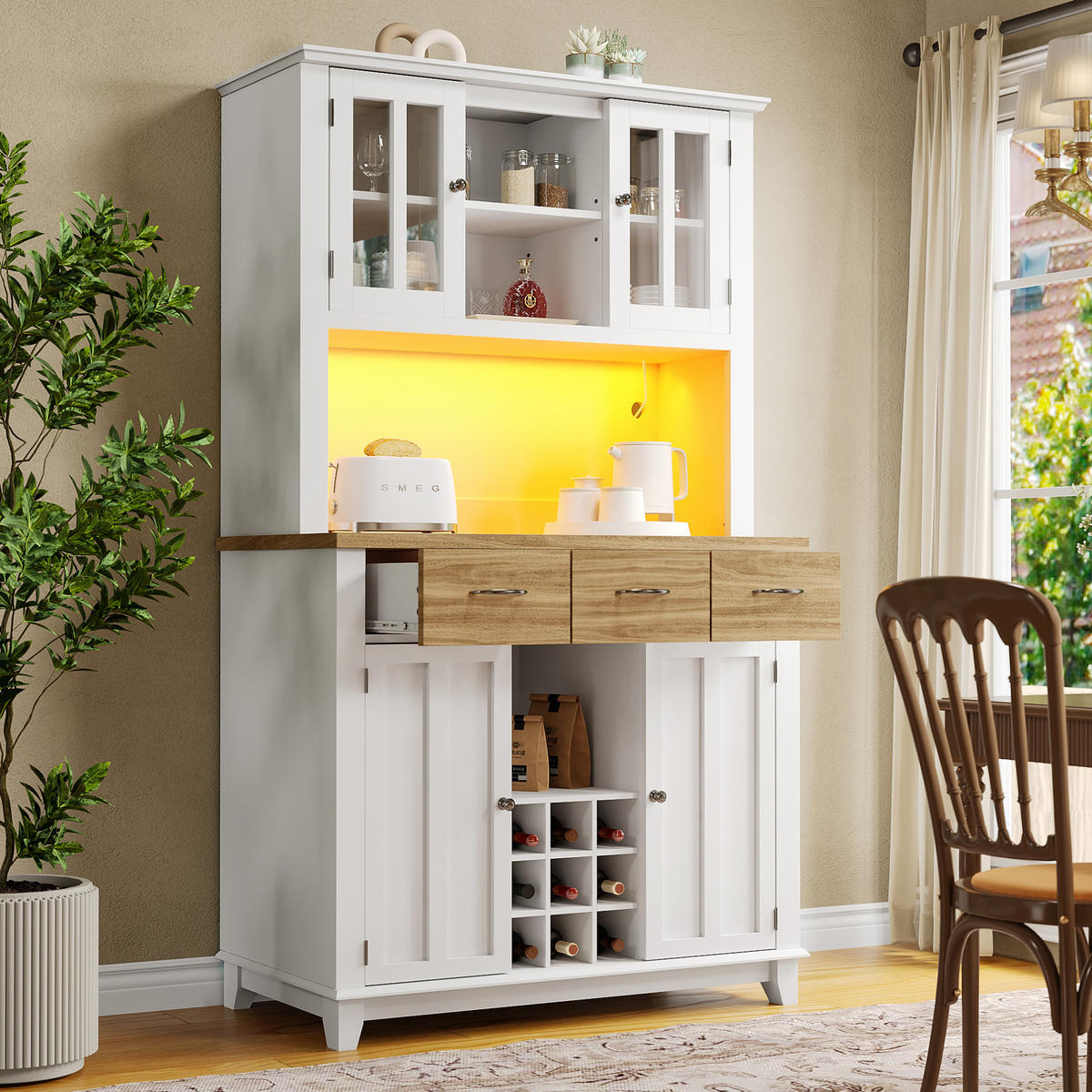 BUFFET 106/40/179,5 cm aus MDF mit LED-Beleuchtung und Weinregal Weiß - Weiß, Holzwerkstoff (106/179.5/40cm) - Modenvie