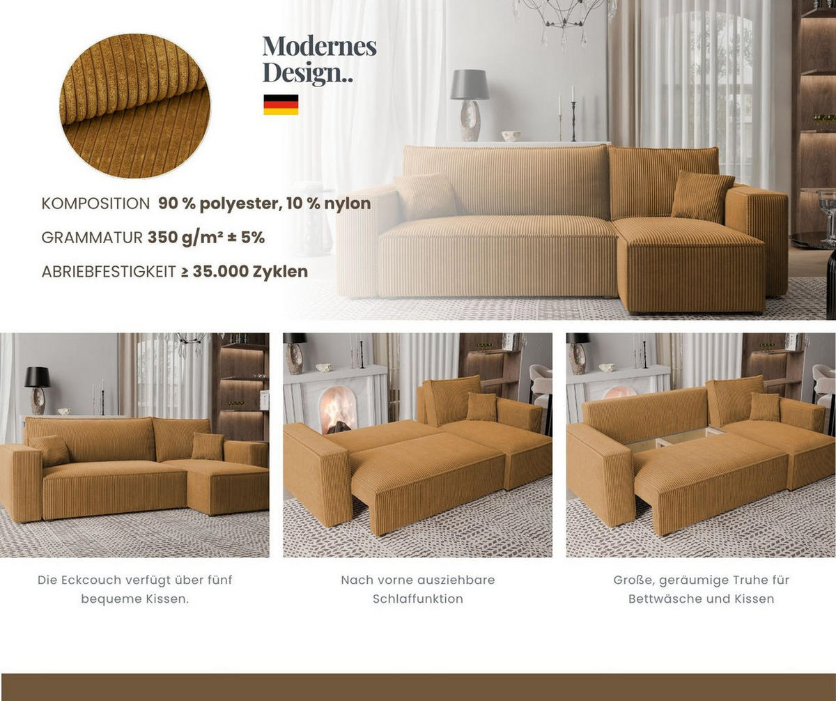 ECKSOFA PARIS mit Schlaffunktion und Bettkasten, Stoff Senfgelb - Currygelb, Kunststoff/Textil (244/145cm) - Idohome