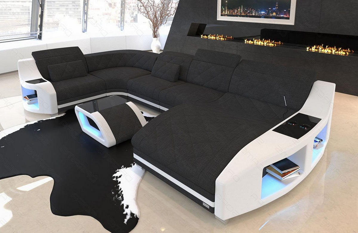 WOHNLANDSCHAFT Stoff Sofa Swing U Form Schwarz Weiß Strukturstoff - Schwarz, Kunststoff (404/90/220cm)