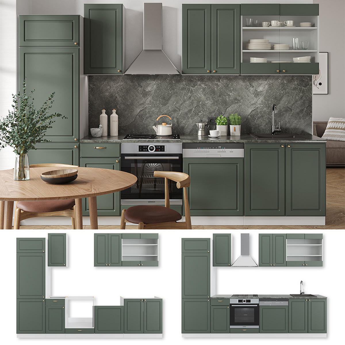 KÜCHENZEILE Fame-Line Grün-Gold Landhaus/Weiß 300 cm, AP Marmor - Weiß/Grün, Holzwerkstoff (300/81.6/60cm) - Vicco