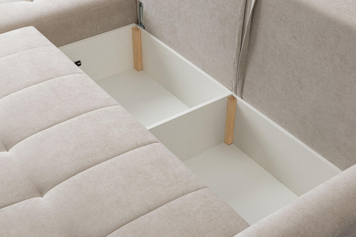 ECKSOFA Primo mit Schlaffunktion und Bettkasten in Cordstoff - Creme/Schwarz, Holz/Holzwerkstoff (245/143cm) - Ravio