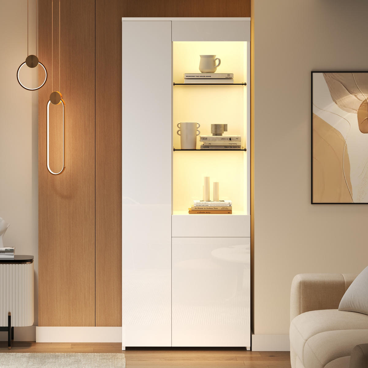 VITRINE 70/35/180 cm weiß aus Spanplatte mit LED und Schublade - Weiß, Holzwerkstoff (70/180/35cm) - OKWISH