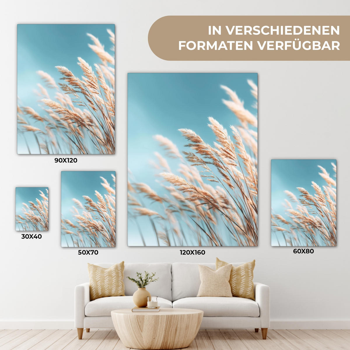 LEINWANDBILD Ziergras - Wind - Hellbraun Room Decor 30x40 cm - Hellblau, Textil (30/40cm) - MuchoWow