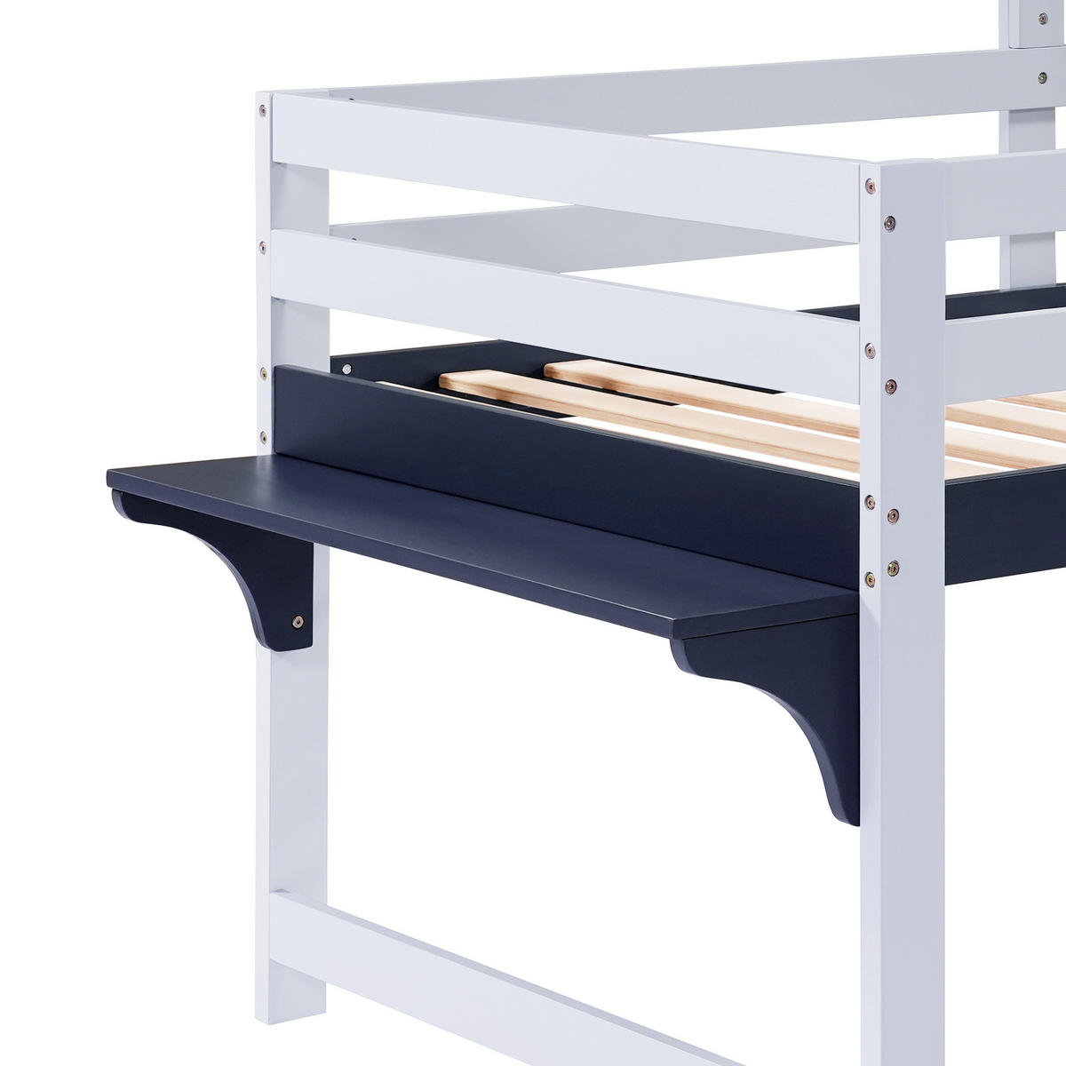 KINDEREINZELBETTEN aus Massivholz und MDF 90x200 cm in Weiß/Dunkelblau mit Dach & Fenster - Weiß, Holzwerkstoff (90/200cm) - Modfu