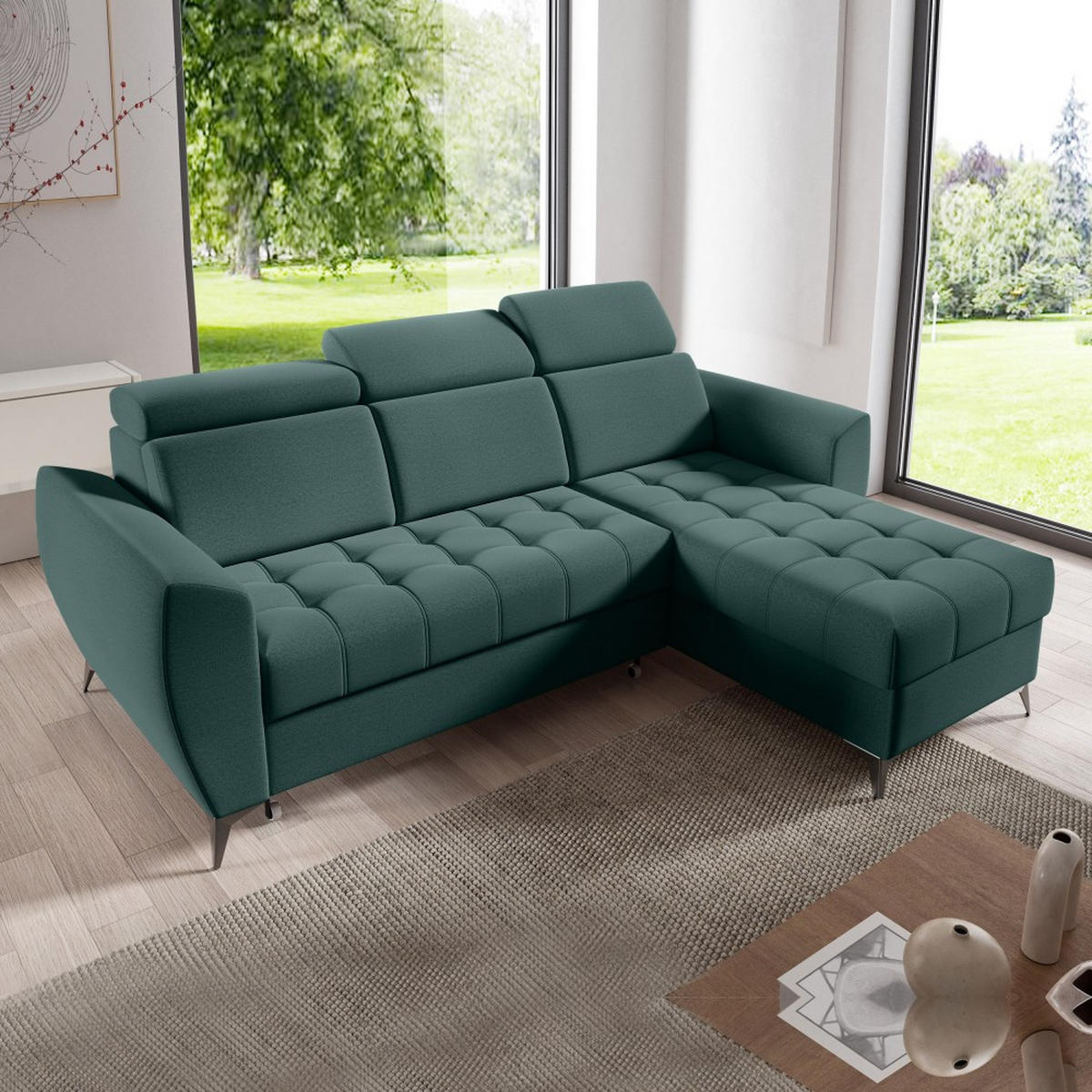ECKSCHLAFSOFA Aurora I verstellbare Kopfstützen, Dunkelgrün - Dunkelgrün/Schwarz, Textil (235/176cm) - Beautysofa
