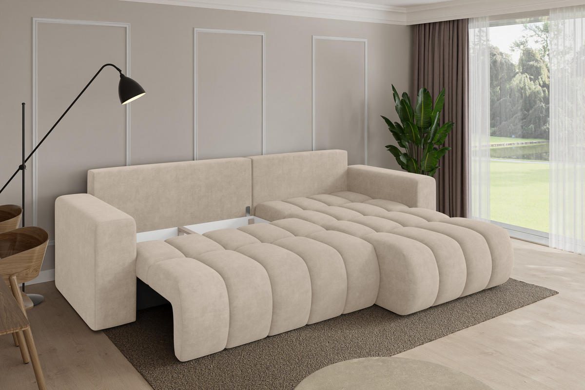 ROHOVÁ SEDAČKA s funkcí spaní, otoman vpravo MILA-L-v1 277x195x86 béžová velur - černá/Sahara, kompozitní dřevo/textil (277/194cm) - ALTDECOR